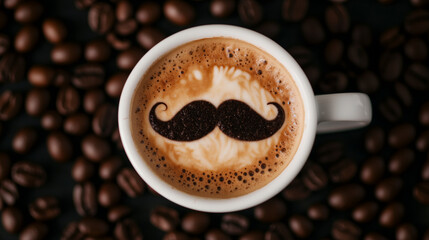 Coffee cup with mustache foam art surrounded by coffee beans