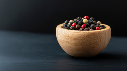 Colorful peppercorns in a wooden bowl on a dark surface