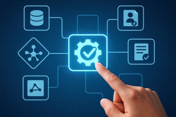 Hand Touching a Glowing Cogwheel with a Checkmark in a Network of Interconnected Icons Representing Automated Business Processes, Data Management, and Digital Workflow Solutions