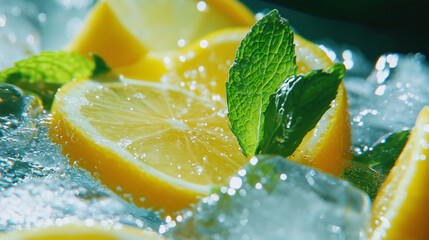 Fresh lemon slices with mint leaves and ice cubes