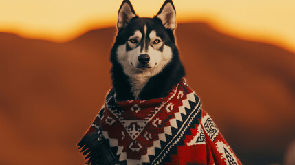 Husky dog with patterned blanket stands in a desert landscape