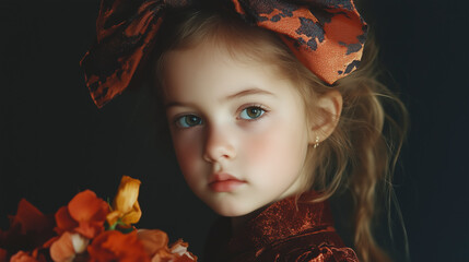 Portrait of a little girl in the studio. A child with a large bouquet
