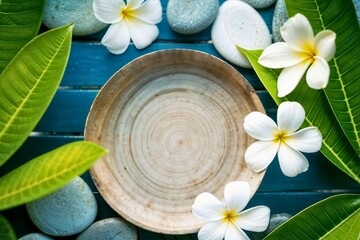 Naklejka premium Zen Style Wooden Plate with Flowers and Leaves
