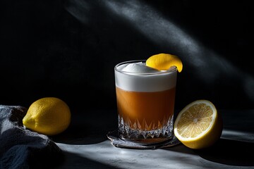 Refreshing whiskey sour on elegant glass with lemon garnish