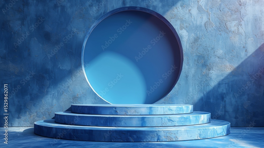 Aufkleber a striking abstract circular structure set against a textured blue wall, reflecting modern artistry 