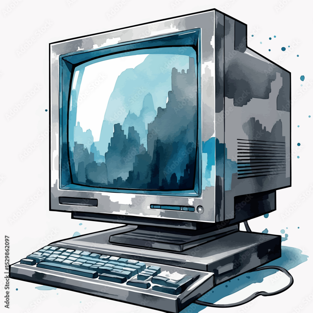 Poster pixel computer vector. watercolor retro monitor with soft tones and 8-bit charm.