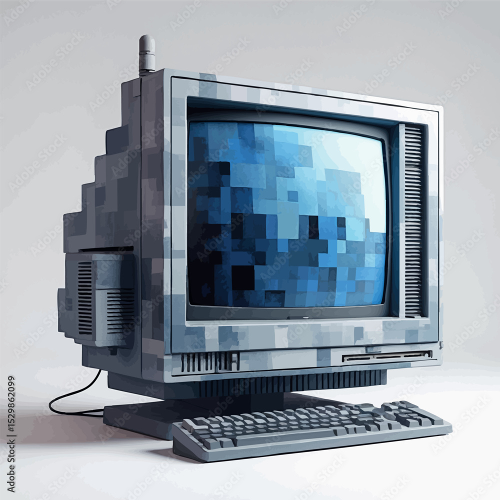 Poster pixel computer vector. watercolor retro monitor with soft tones and 8-bit charm.