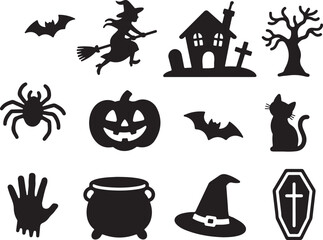 Collection set of halloween icons. Halloween silhouette elements vector. silhouettes of Halloween on a white background. 