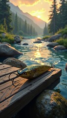 Golden Fishing Lure at Sunset on Mountain River