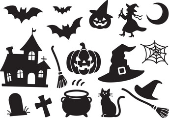 Obraz premium Collection set of halloween icons. Halloween silhouette elements vector. silhouettes of Halloween on a white background. 