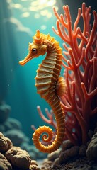 Golden Seahorse in Vibrant Coral Reef