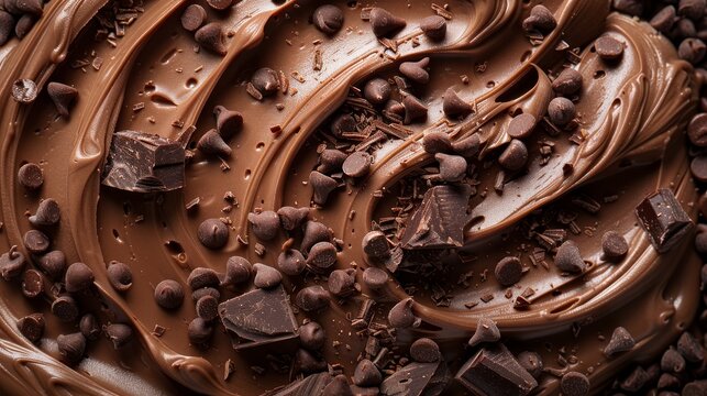 A delectable display of rich chocolate swirls and chips, embodying indulgence and satisfaction, inviting chocoholics to experience the ultimate in dessert pleasure.