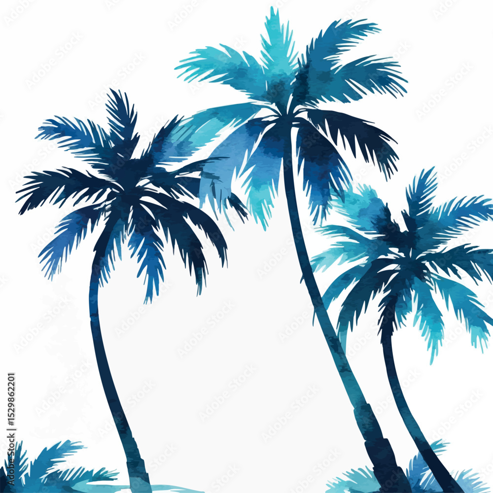 Poster watercolor palm tree vector. tropical scene element with artistic texture and clean layout.