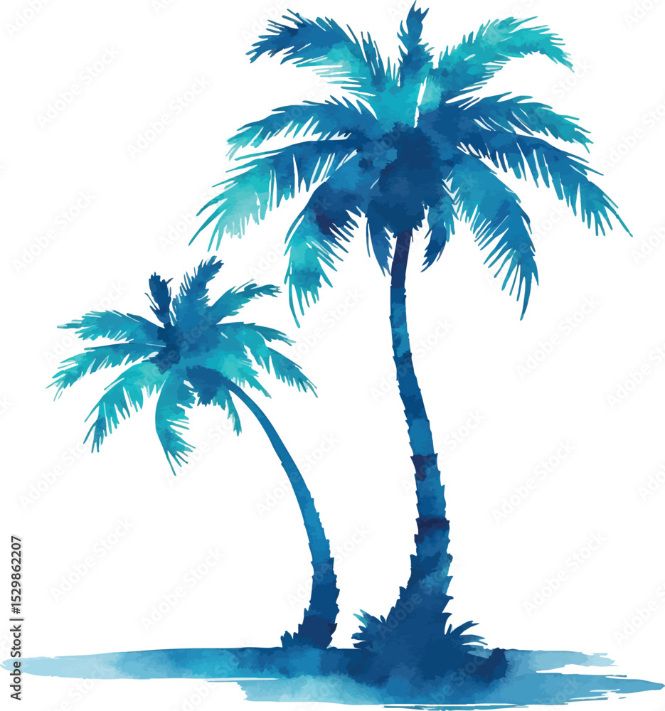 Poster watercolor palm tree vector. tropical scene element with artistic texture and clean layout.