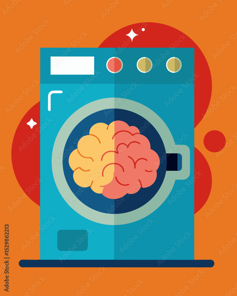 Poster the machinery of psychological control embodied in a washing machine with a cunning brain.. vector i
