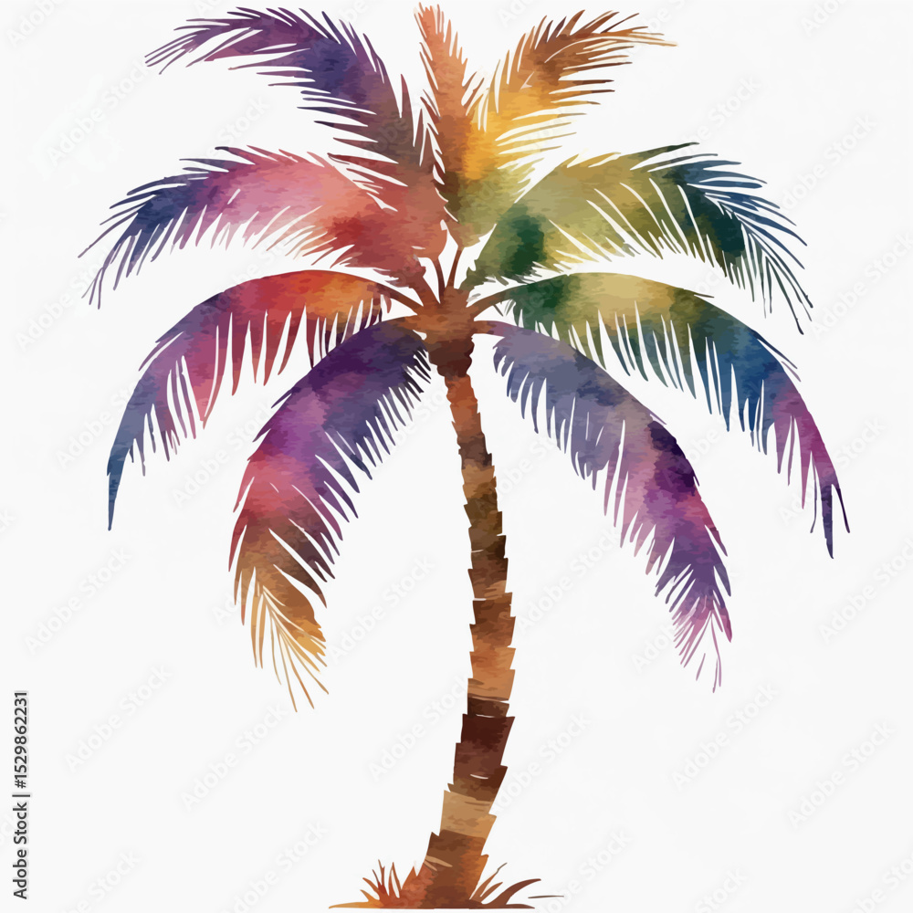Poster watercolor palm tree vector. tropical scene element with artistic texture and clean layout.