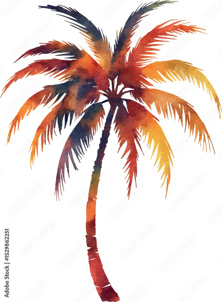 Poster watercolor palm tree vector. tropical scene element with artistic texture and clean layout.