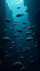 School of Fish in Deep Ocean Canyon