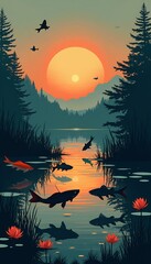 Serene Sunset Lake with Koi Fish