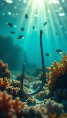 Single Fishing Hook on Ocean Floor with Coral and Fish