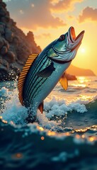 Striped Bass Leaping from Ocean at Sunset
