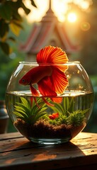 Vibrant Siamese Fighting Fish in Glass Bowl at Sunset