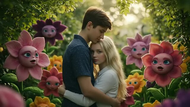 Young Couple Embracing in Surreal Garden of Animatronic Flowers - Enchanting and Romantic