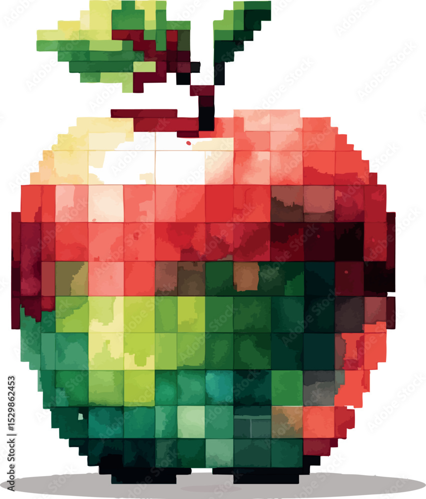 Poster pixel apple vector. watercolor fruit with 8-bit form and soft coloring.