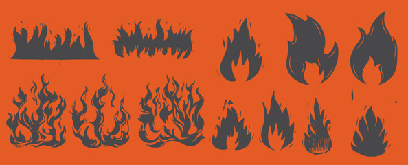 Set of hand-drawn flame icons in rustic red, perfect for digital design and print projects.