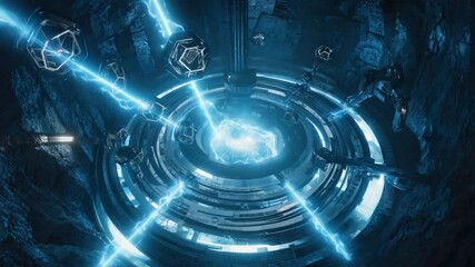 A massive sci-fi chamber circular core dynamic glowing energy waves. pulse lights up circuitry walls Smart energy connect robotic arms energy cells cinematic, industrial, volumetric light effects, HDR - Powered by Adobe