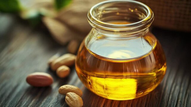 A bottle of peanut oil sits next to a few peanuts on a table or counter.