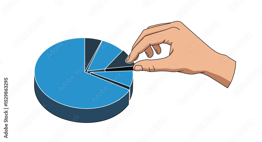 Poster hand holding pie chart segment in business data visualization vector illustration