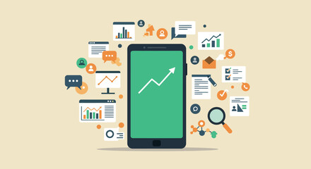Smartphone dashboard with financial analytics icons and growth graph vector illustration