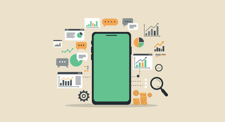 Smartphone interface with data analytics icons and business graphs vector illustration