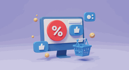 Digital shopping discounts: online sales with percentage symbols and like icons vector illustration