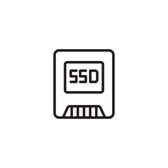 A sleek line icon of an SSD (Solid State Drive) with "SSD" written on it, representing modern digital storage, fast data access, or flash memory.