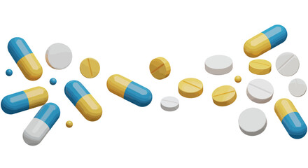 Diverse selection of yellow and blue pills on white background vector illustration