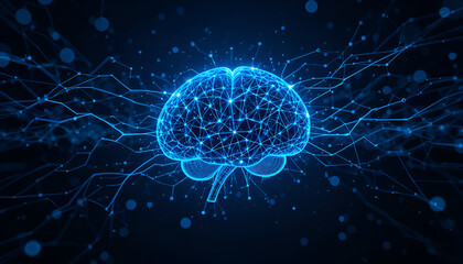 > Futuristic glowing digital brain with flowing neural network lines, data particles in the background, dark tech blue color scheme, concept art for AI and machine learning – minimalistic stock illust