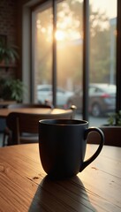Black Mug on Wooden Table in Sunny Cafe