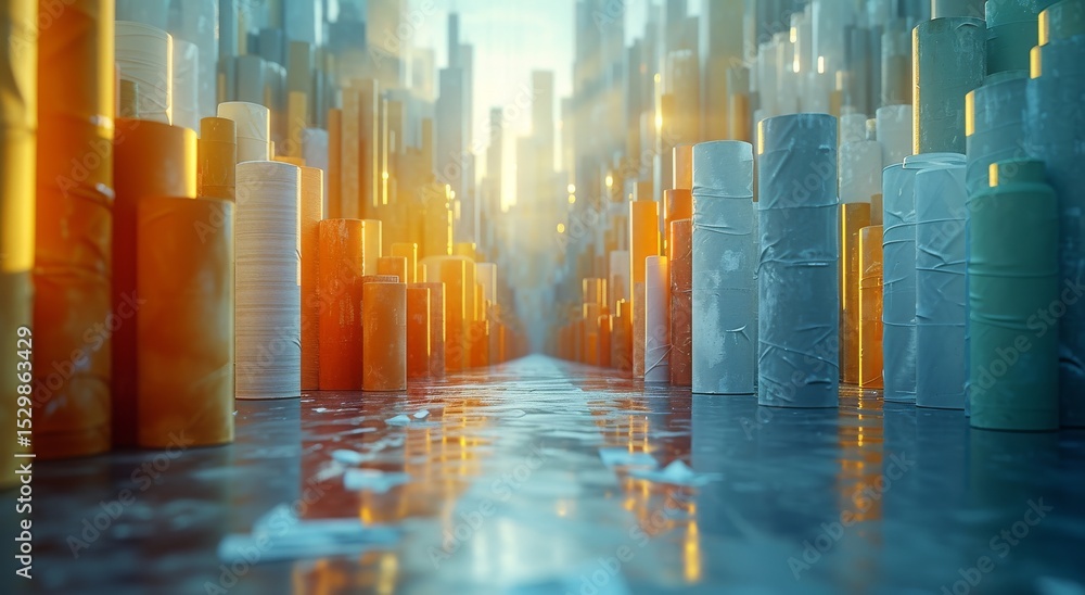 Aufkleber a vibrant, abstract cityscape with cylindrical structures and soft lighting, creating a mesmerizing 