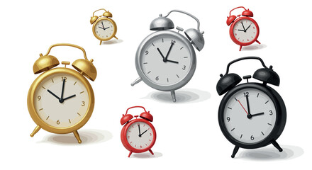 Colorful vintage alarm clocks display on white background vector illustration