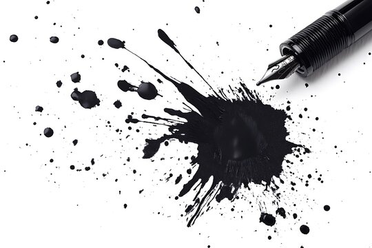 Fountain Pen with Black Ink Splatter on White Background, Artistic Liquid Stain - Powered by Adobe
