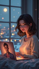 Young Woman Video Chatting with Boyfriend at Night