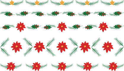 Set Christmas themed decorative border and text divider, Mistletoe Holly branches, poinsettias fir twigs stars Pattern. Vector Illustration. Winter holiday decoration and invitation card dividers