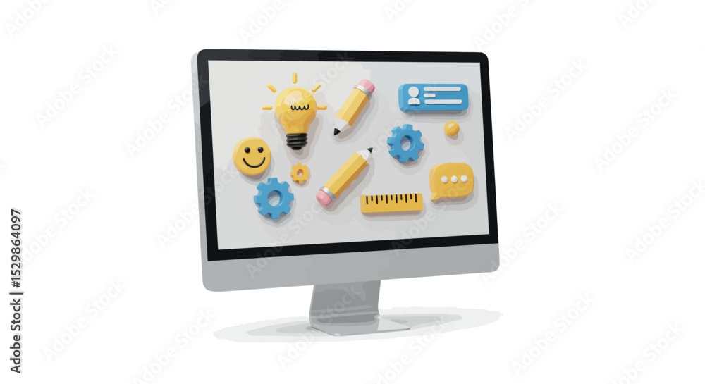 Aufkleber creative desktop with interactive icons and tools displayed on monitor vector illustration