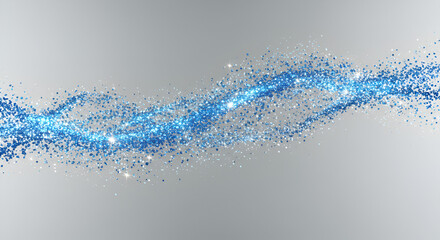 A shimmering stream of blue glitter particles flowing across a light gray gradient background space