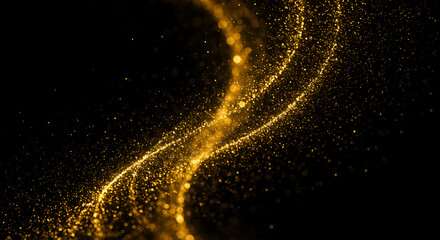 Fototapeta premium Golden glitter particles forming a swirling pattern against a dark black background texture