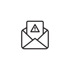 A clean line icon shows an open envelope with a document displaying a warning triangle, symbolizing a warning message, spam email, or a security alert.