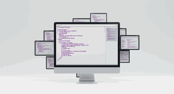 Computer monitor displaying python code surrounded by multiple screens on light background vector illustration