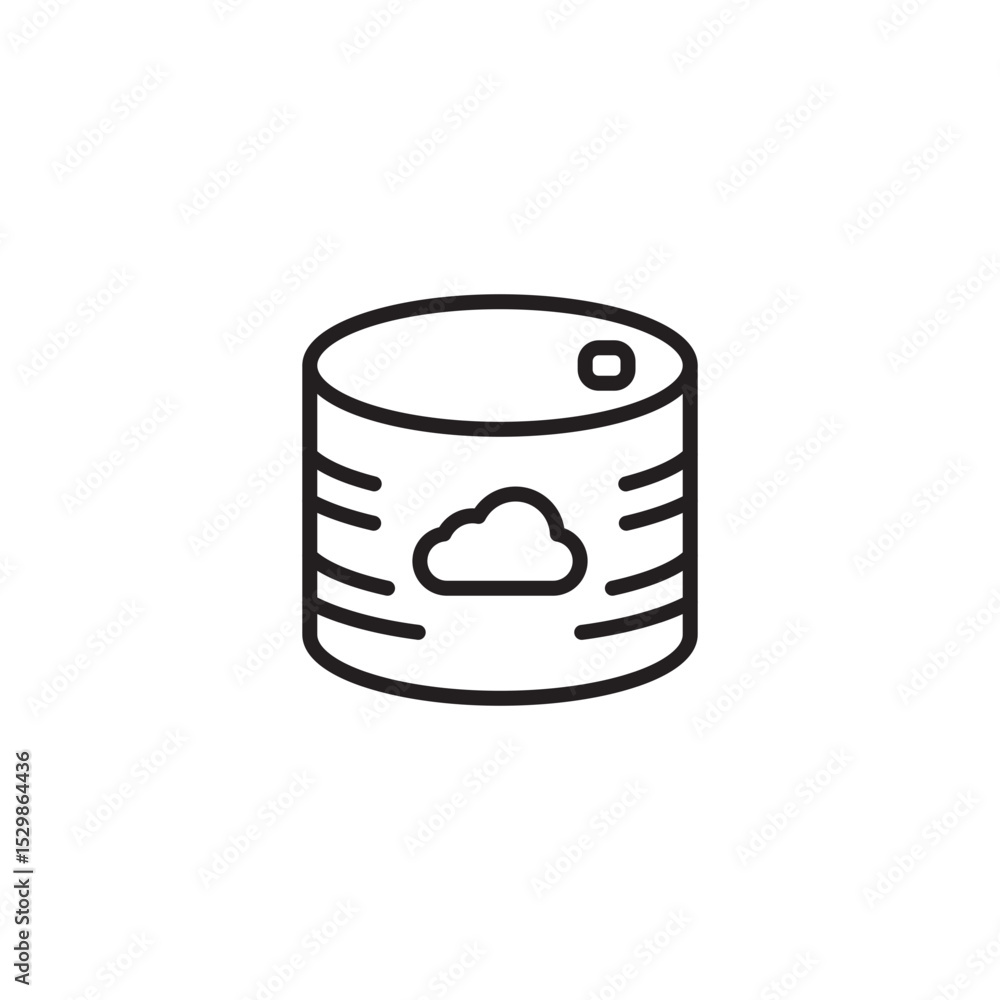 Poster a line icon shows a tin can with a cloud symbol, representing cloud storage for canned goods, cloud-